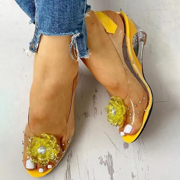 studded flower design transparent wedge sandals