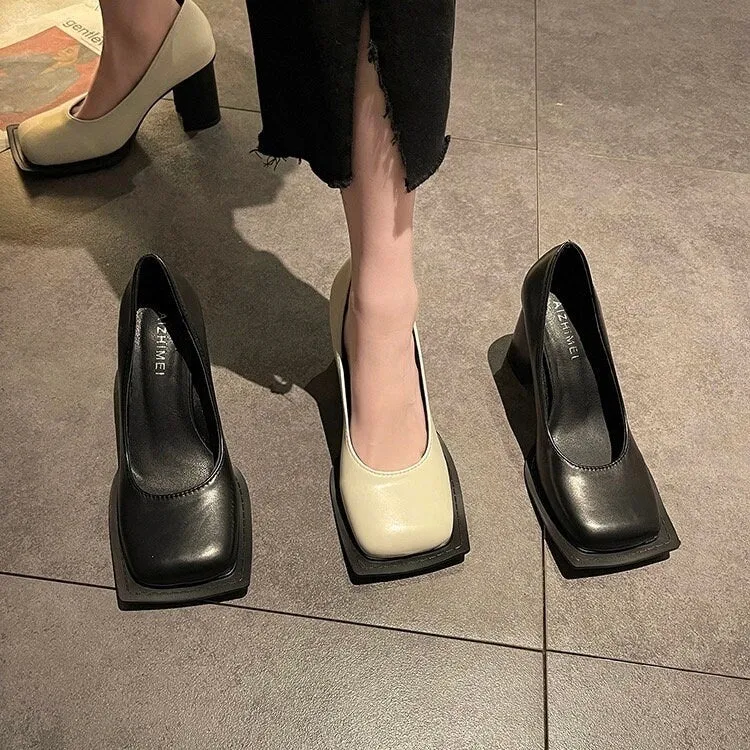 Stylish Square Head High Heels for Women, Black Leather Shoes, Square Toe Mary Jane Pumps, Summer Minimalist Plain Mary Jane Heels