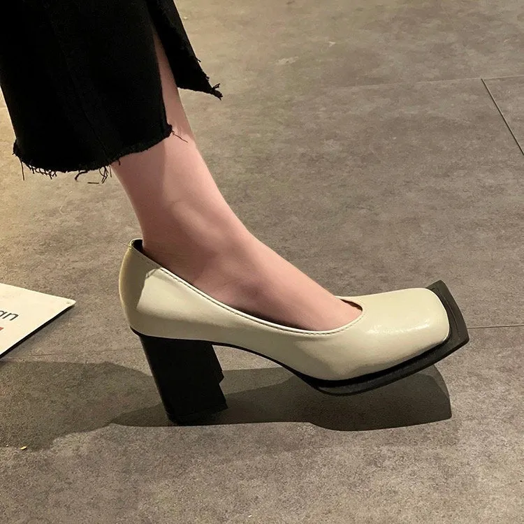 Stylish Square Head High Heels for Women, Black Leather Shoes, Square Toe Mary Jane Pumps, Summer Minimalist Plain Mary Jane Heels