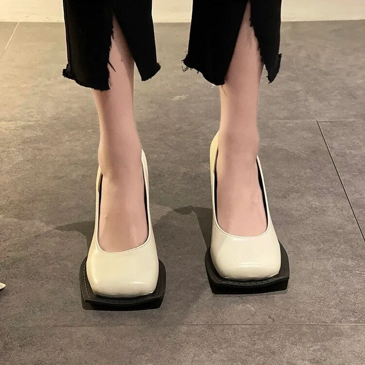Stylish Square Head High Heels for Women, Black Leather Shoes, Square Toe Mary Jane Pumps, Summer Minimalist Plain Mary Jane Heels