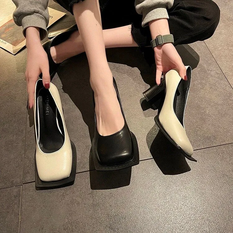Stylish Square Head High Heels for Women, Black Leather Shoes, Square Toe Mary Jane Pumps, Summer Minimalist Plain Mary Jane Heels