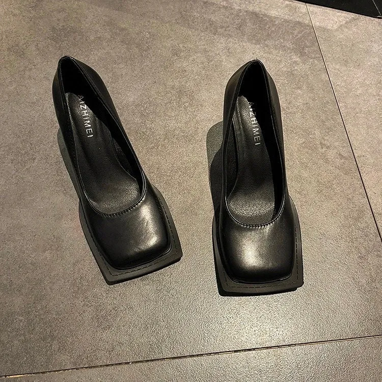 Stylish Square Head High Heels for Women, Black Leather Shoes, Square Toe Mary Jane Pumps, Summer Minimalist Plain Mary Jane Heels
