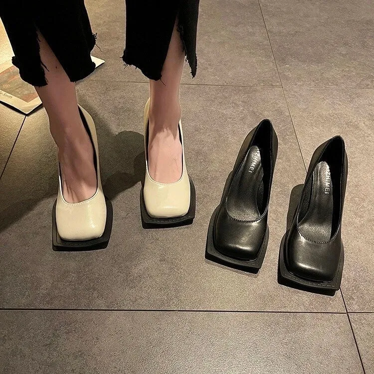 Stylish Square Head High Heels for Women, Black Leather Shoes, Square Toe Mary Jane Pumps, Summer Minimalist Plain Mary Jane Heels