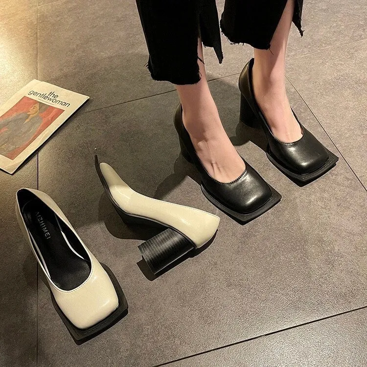 Stylish Square Head High Heels for Women, Black Leather Shoes, Square Toe Mary Jane Pumps, Summer Minimalist Plain Mary Jane Heels