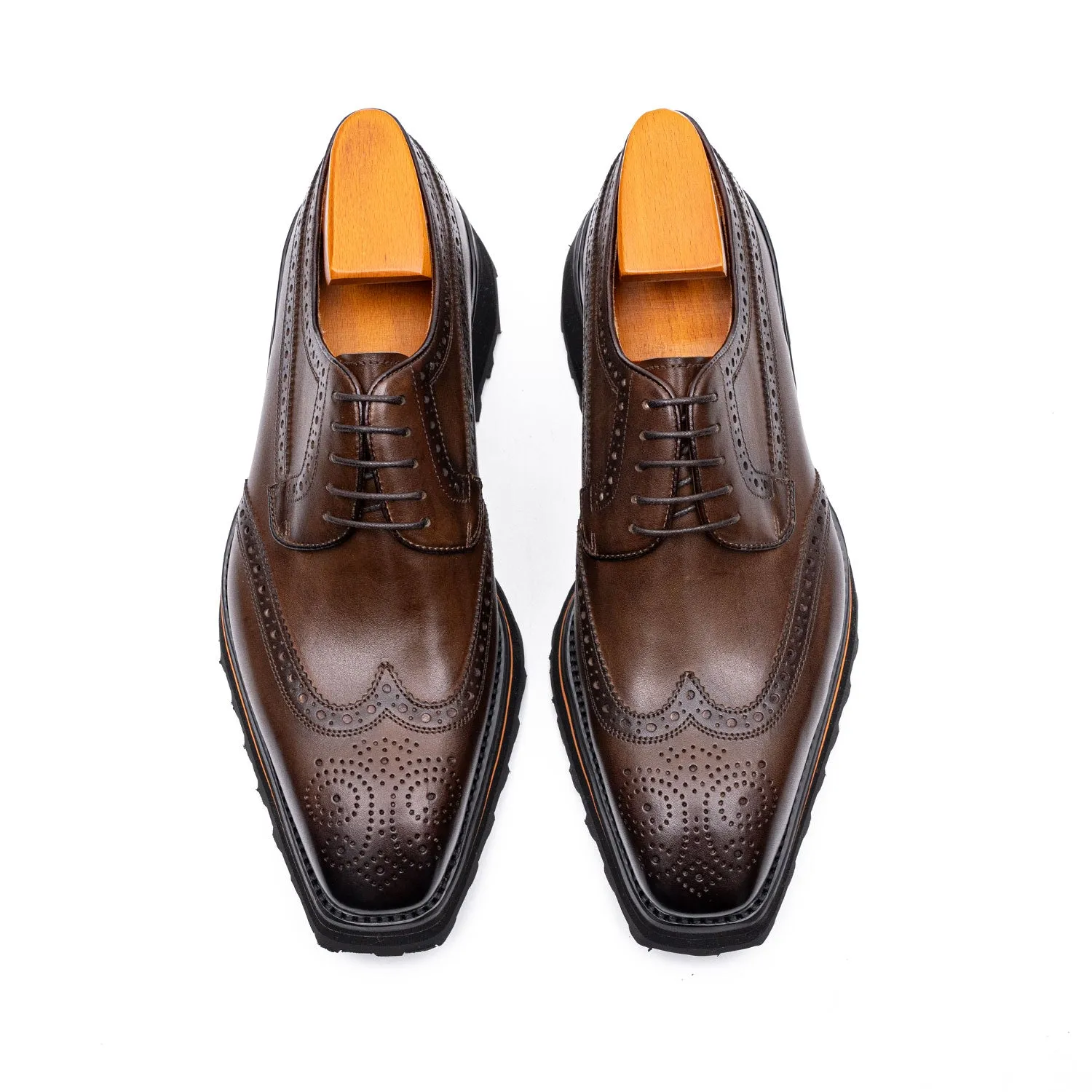 Thick-soled calfskin formal brogue derby shoes coffee
