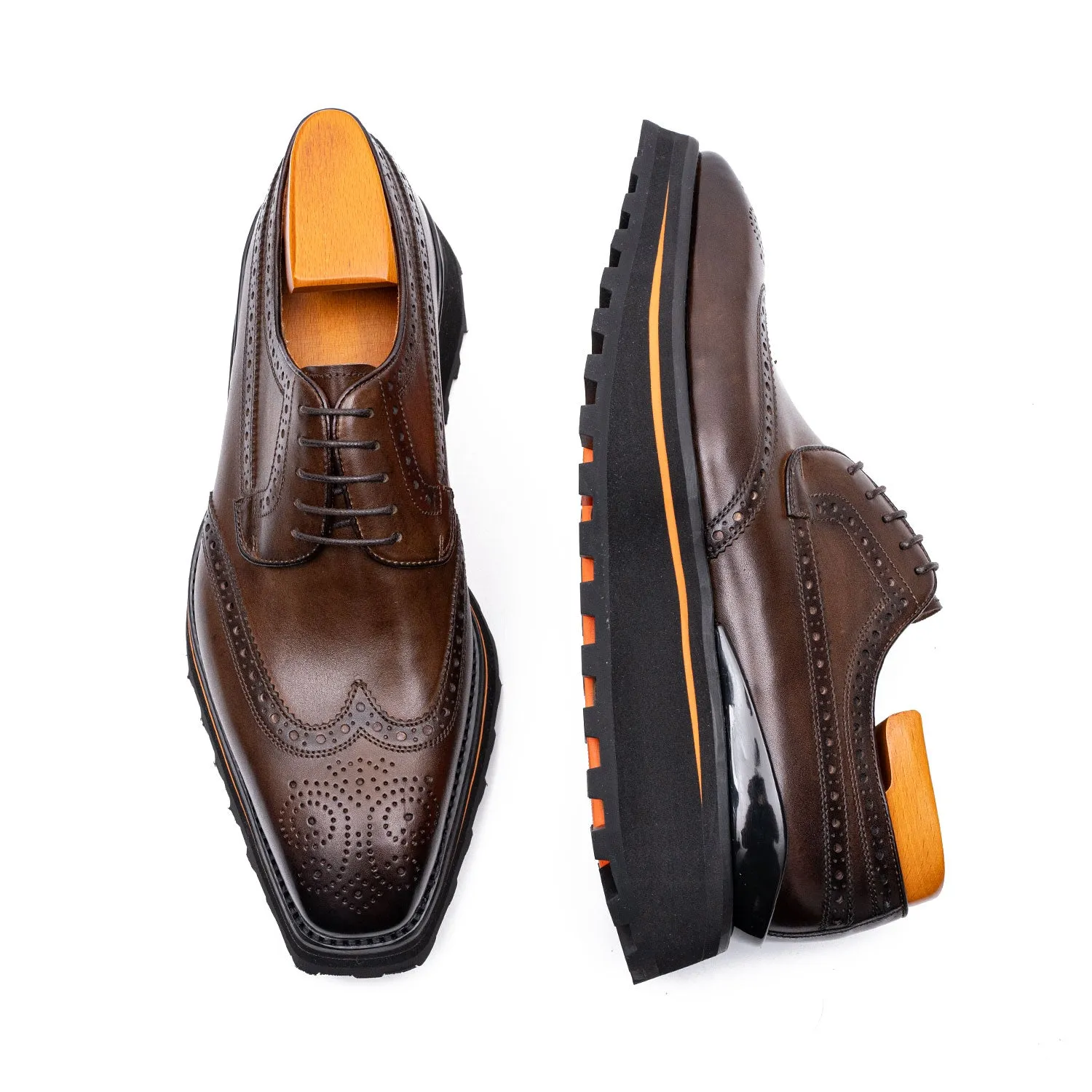Thick-soled calfskin formal brogue derby shoes coffee