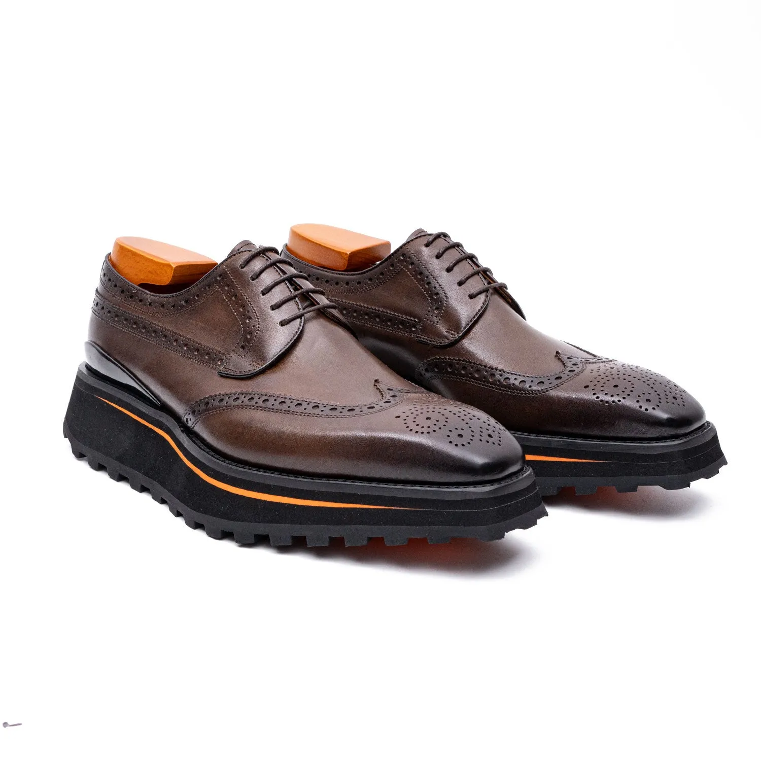 Thick-soled calfskin formal brogue derby shoes coffee