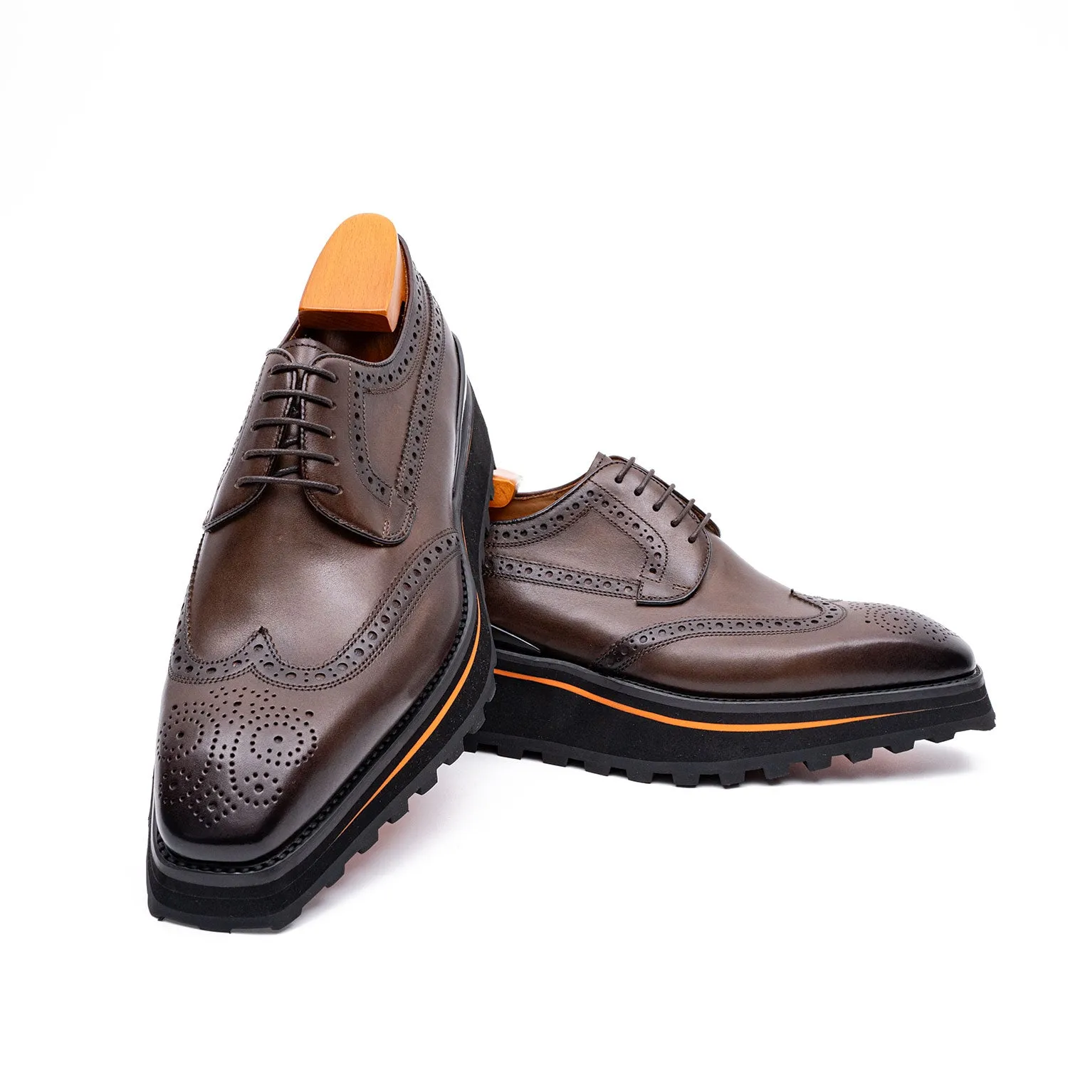 Thick-soled calfskin formal brogue derby shoes coffee